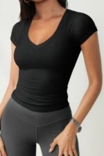 Solid Elastic Fir Short Sleeve Tank Shirt - Image 4
