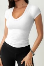 Solid Elastic Fir Short Sleeve Tank Shirt - Image 10