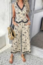 Two Pieces Printed Lace Hem Button Down Pocket Set