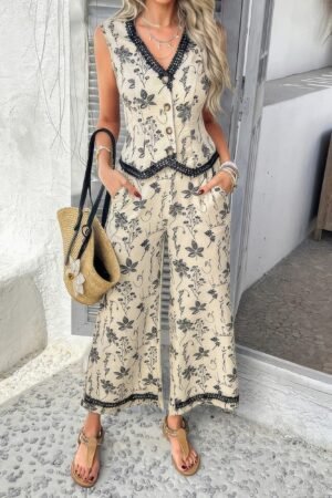 Two Pieces Printed Lace Hem Button Down Pocket Set
