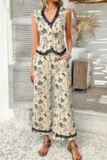 Two Pieces Printed Lace Hem Button Down Pocket Set - Image 2