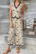 Two Pieces Printed Lace Hem Button Down Pocket Set - Image 3