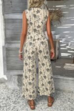 Two Pieces Printed Lace Hem Button Down Pocket Set - Image 4