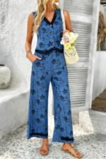 Two Pieces Printed Lace Hem Button Down Pocket Set - Image 5