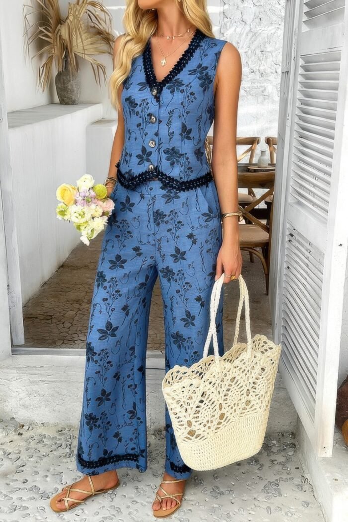 Two pieces printed lace hem button down pocket set - image 6