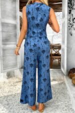 Two Pieces Printed Lace Hem Button Down Pocket Set - Image 8