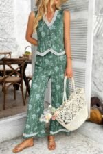 Two Pieces Printed Lace Hem Button Down Pocket Set - Image 11