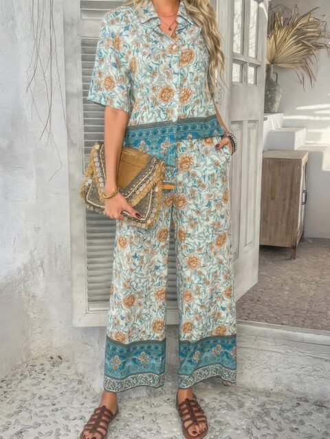 Two Pieces Button Down Boho Blouse Pant Sets