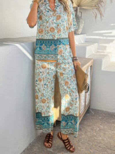 Two Pieces Button Down Boho Blouse Pant Sets Two Pieces Button Down Boho Blouse Pant Sets