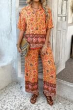 Two Pieces Button Down Boho Blouse Pant Sets - Image 4