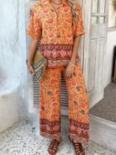 Two Pieces Button Down Boho Blouse Pant Sets Two Pieces Button Down Boho Blouse Pant Sets