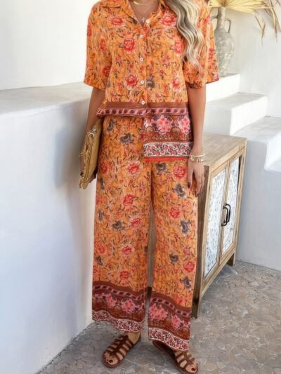Two Pieces Button Down Boho Blouse Pant Sets Two Pieces Button Down Boho Blouse Pant Sets