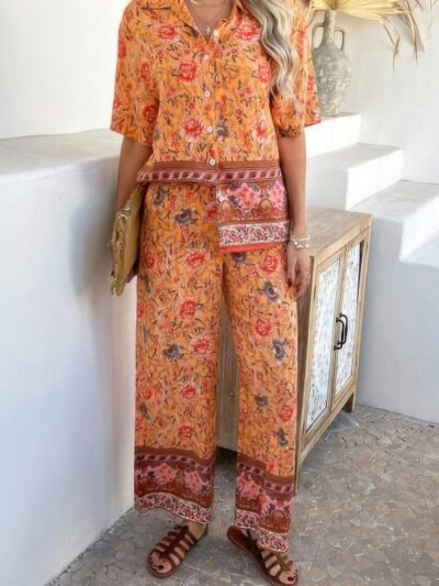 Two Pieces Button Down Boho Blouse Pant Sets Two Pieces Button Down Boho Blouse Pant Sets