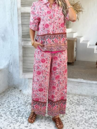 Two Pieces Button Down Boho Blouse Pant Sets Two Pieces Button Down Boho Blouse Pant Sets