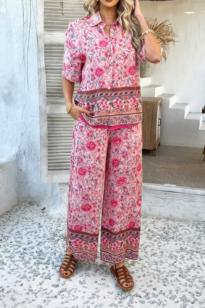 Two pieces button down boho blouse pant sets - image 8