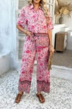 Two Pieces Button Down Boho Blouse Pant Sets - Image 9