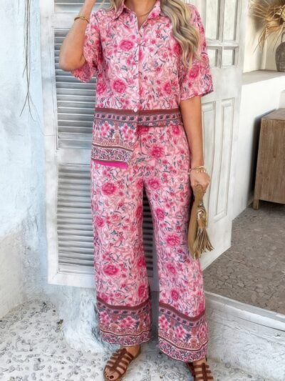 Two Pieces Button Down Boho Blouse Pant Sets Two Pieces Button Down Boho Blouse Pant Sets