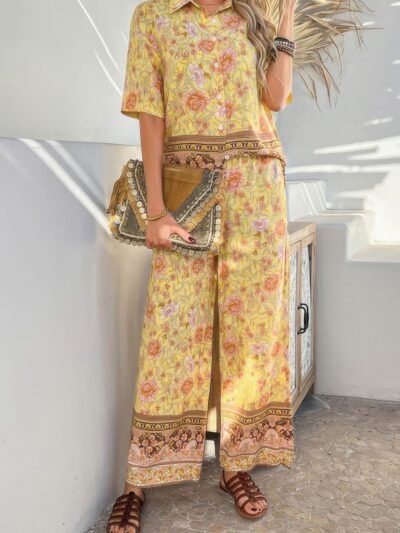 Two Pieces Button Down Boho Blouse Pant Sets Two Pieces Button Down Boho Blouse Pant Sets