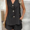 Two Pieces Button Down V Neck Suit Short Sets