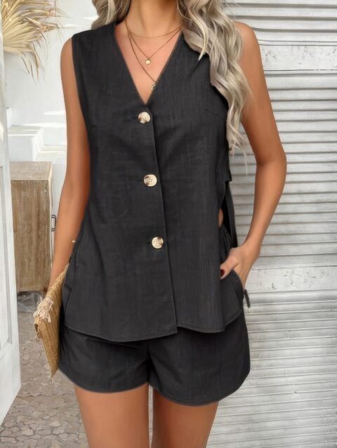 Two Pieces Button Down V Neck Suit Short Sets