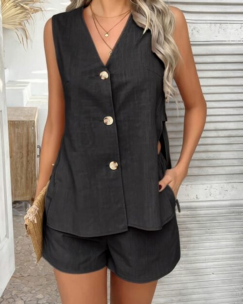 Two Pieces Button Down V Neck Suit Short Sets