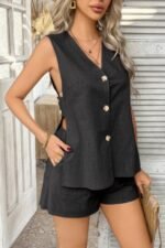 Two Pieces Button Down V Neck Suit Short Sets - Image 2
