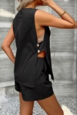 Two Pieces Button Down V Neck Suit Short Sets - Image 3