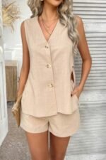 Two Pieces Button Down V Neck Suit Short Sets - Image 5