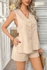 Two Pieces Button Down V Neck Suit Short Sets - Image 6