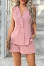 Two Pieces Button Down V Neck Suit Short Sets - Image 8