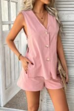 Two Pieces Button Down V Neck Suit Short Sets - Image 9