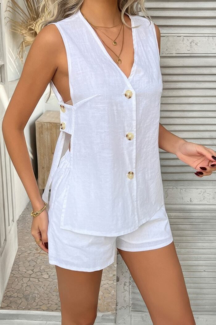 Two pieces button down v neck suit short sets - image 13