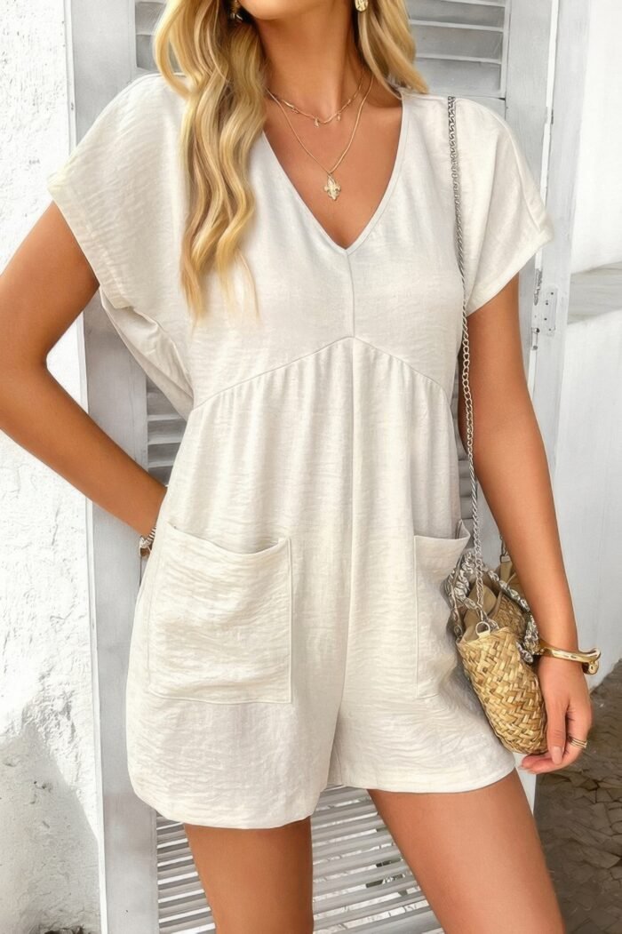 Solid deep v neck drop shoulder loose pockets romper - image 1