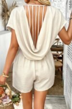 Solid Deep V Neck Drop Shoulder Loose Pockets Romper - Image 3