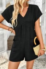 Solid Deep V Neck Drop Shoulder Loose Pockets Romper - Image 4
