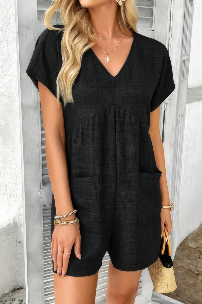 Solid deep v neck drop shoulder loose pockets romper - image 5