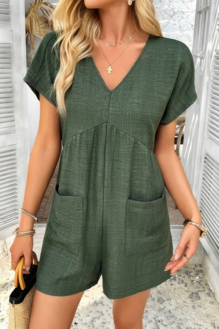 Solid deep v neck drop shoulder loose pockets romper - image 8