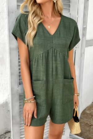 Solid Deep V Neck Drop Shoulder Loose Pockets Romper