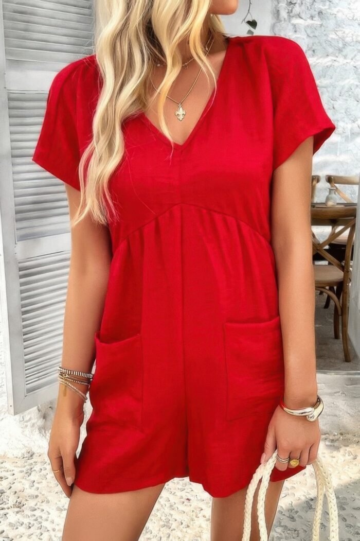 Solid deep v neck drop shoulder loose pockets romper - image 12