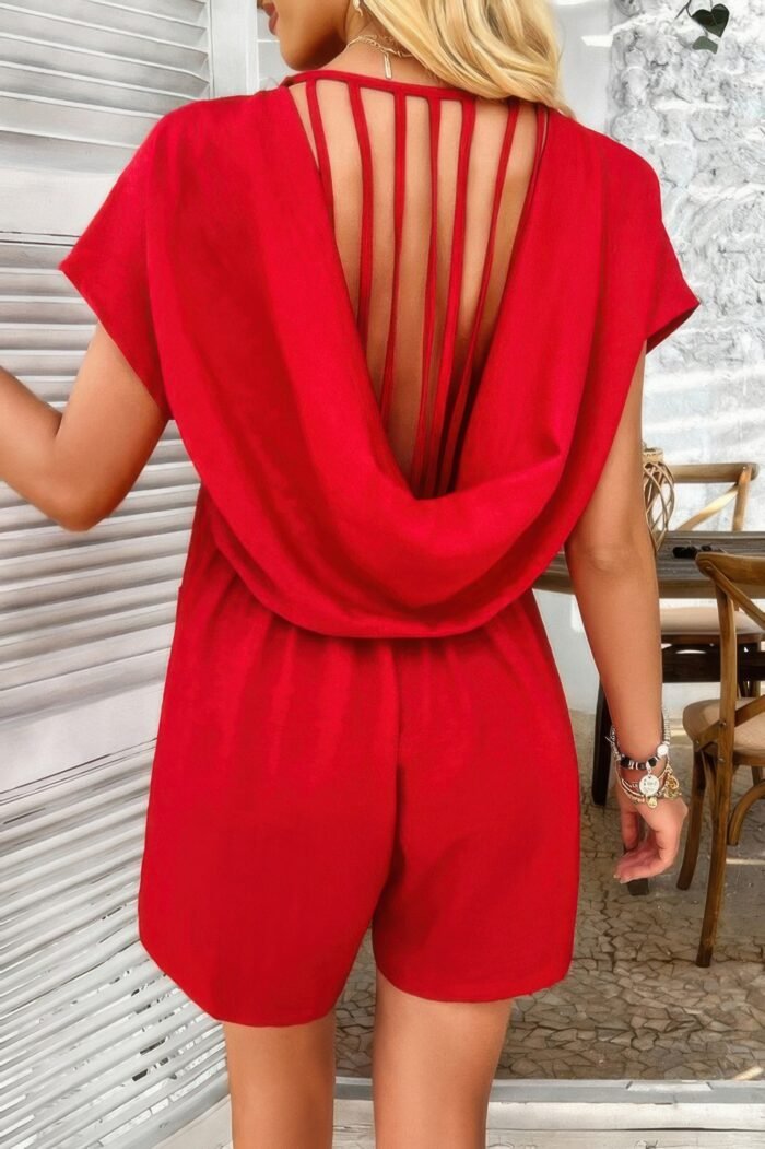 Solid deep v neck drop shoulder loose pockets romper - image 13