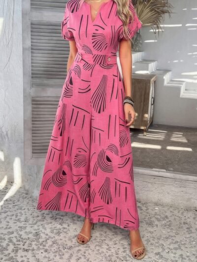 Allover Print V Neck Tie Waist Pockets Jumpsuit Allover Print V Neck Tie Waist Pockets Jumpsuit