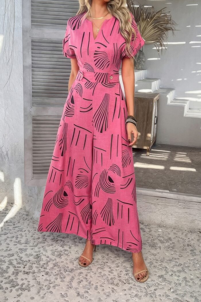 Allover print v neck tie waist pockets jumpsuit - image 4