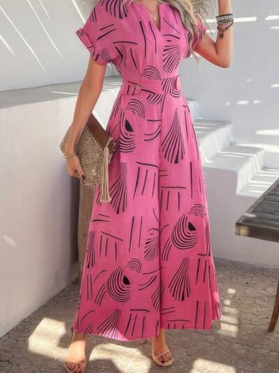 Allover Print V Neck Tie Waist Pockets Jumpsuit Allover Print V Neck Tie Waist Pockets Jumpsuit