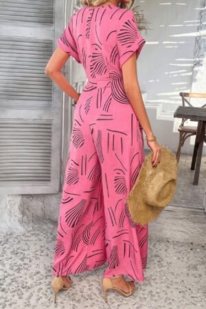 Allover Print V Neck Tie Waist Pockets Jumpsuit