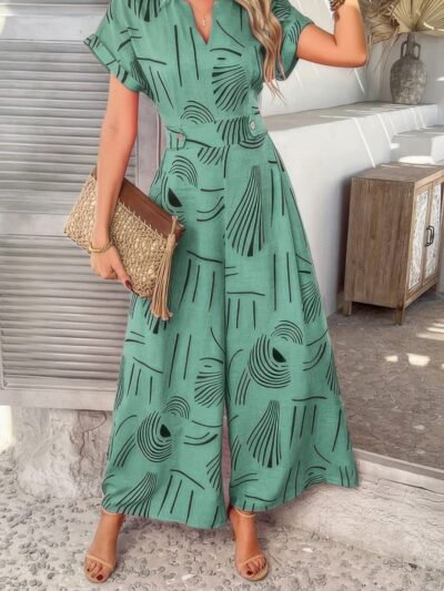 Allover Print V Neck Tie Waist Pockets Jumpsuit Allover Print V Neck Tie Waist Pockets Jumpsuit
