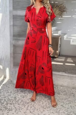 Allover Print V Neck Tie Waist Pockets Jumpsuit