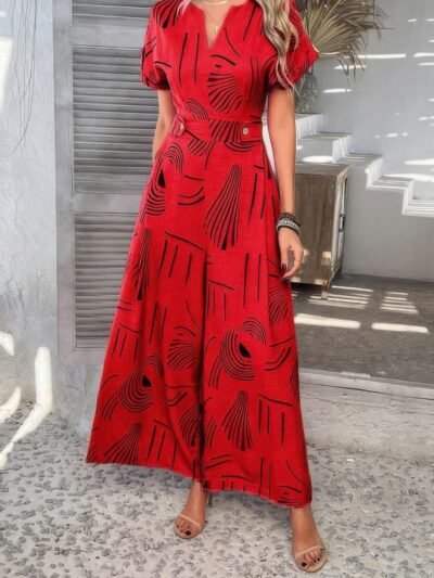 Allover Print V Neck Tie Waist Pockets Jumpsuit Allover Print V Neck Tie Waist Pockets Jumpsuit