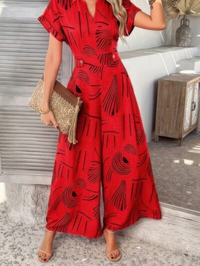 Allover Print V Neck Tie Waist Pockets Jumpsuit Allover Print V Neck Tie Waist Pockets Jumpsuit