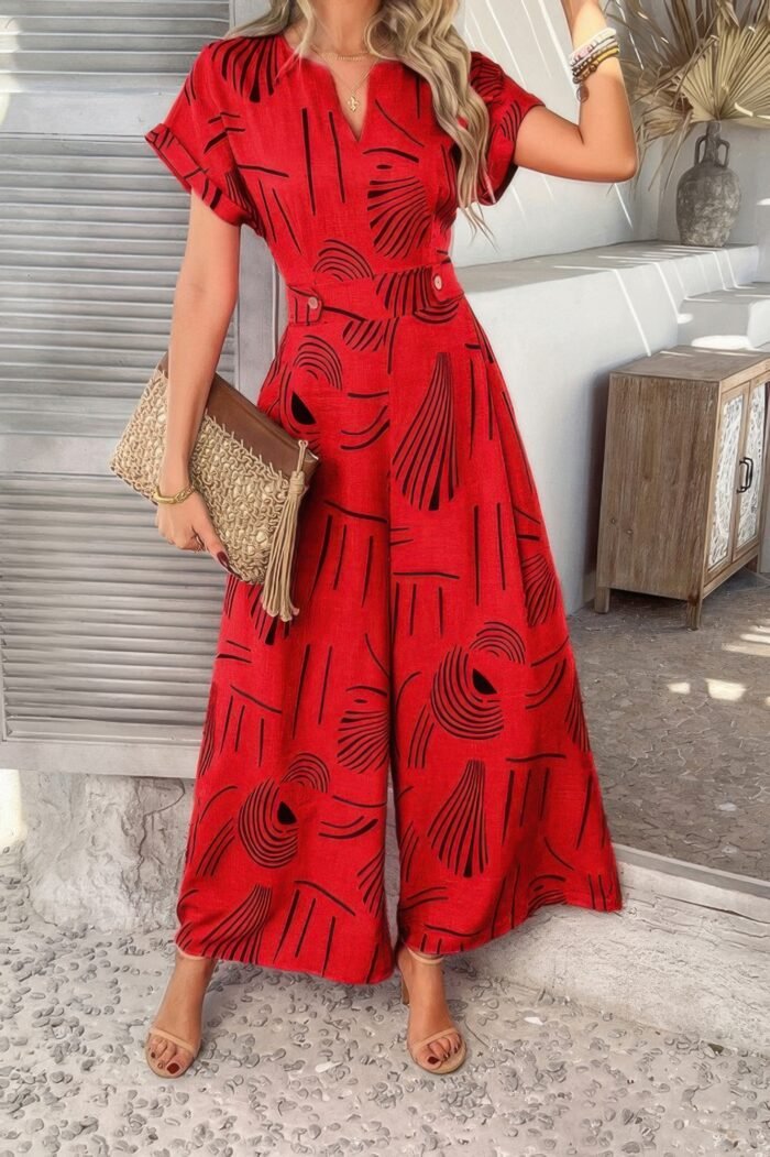 Allover print v neck tie waist pockets jumpsuit - image 11