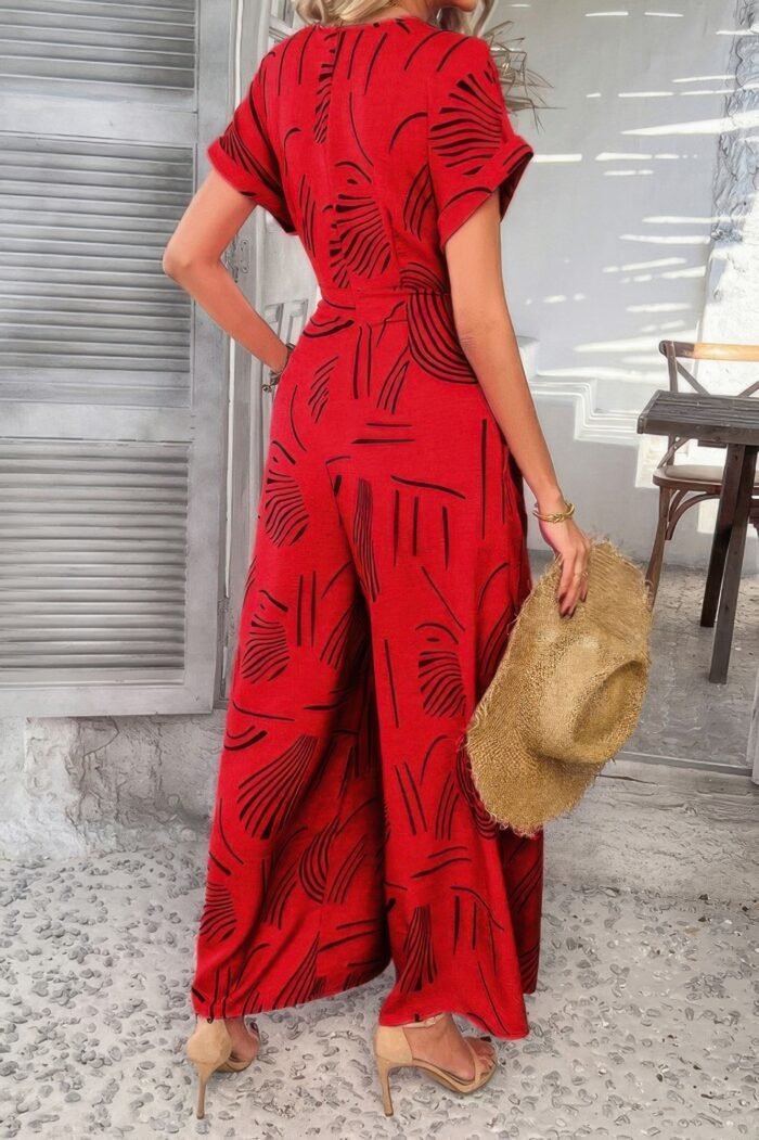 Allover print v neck tie waist pockets jumpsuit - image 12